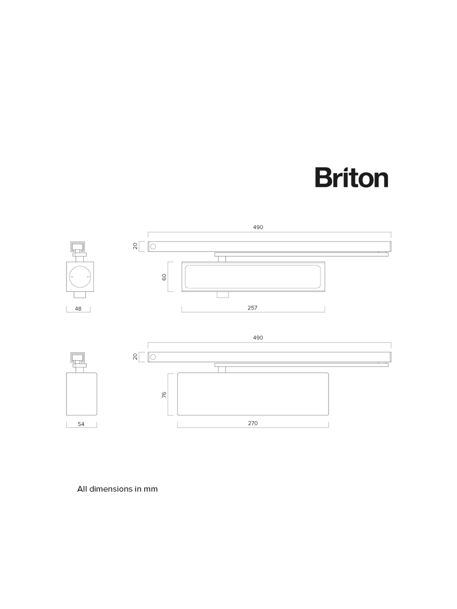 Briton 1130B.T.H. SES Track Arm Door Closer with spring adjustable size EN 2-4 with backcheck, Clip-on Cover, Hold Open SES