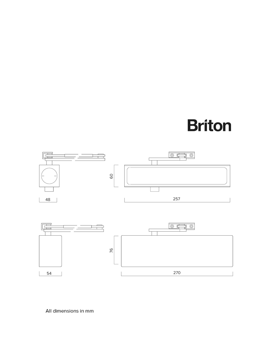 Briton 1130B SES Projecting Arm Closer with spring adjustable size EN 2-6 with backcheck, Clip-on Cover, SES
