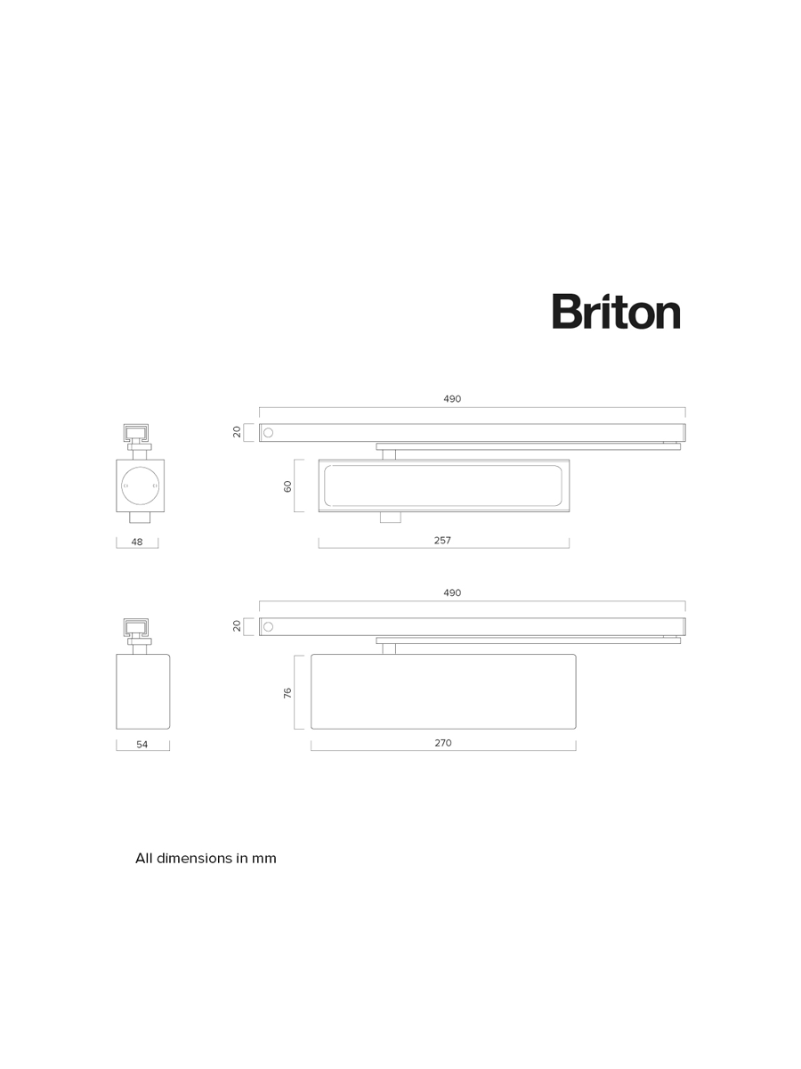 Briton 1130B.T.H. SES  Track Arm Door Closer with spring adjustable size EN 2-4 with backcheck, Ciip-on Cover, Hold OpenSES